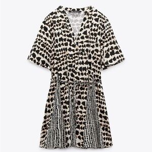 Zara Black and Cream Patterned Midi Dress